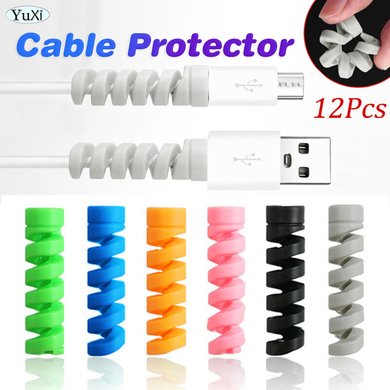 Protector de Cable de datos de silicona, enrollador en espiral, cubierta organizadora para teléfono, PC, Cargador USB, 2/12 piezas