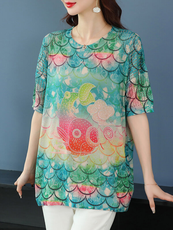 Camiseta de malha oca estampada floral feminina, pulôveres femininos, camiseta solta, Y2K, roupas de verão, 2024