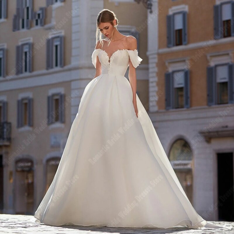 Off Shoulder Sweetheart Wedding Dresses Glitter Tulle Bridal Gowns Elegant Princess Skirt Hem Mopping Length Vestidos De Novias
