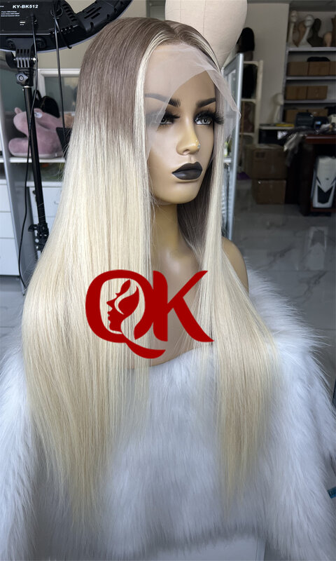 QueenKing hair 13*6 Wig 180% Density Ombre ASH Blonde Lace Front Wig Silky Straight Preplucked Hairline Brazilian Human Hair