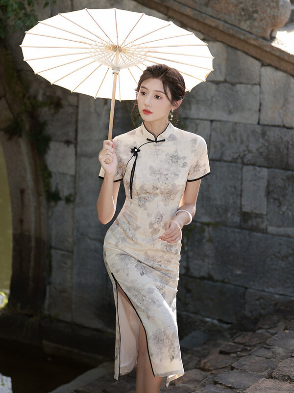 Qipao Cheongsam chino para mujer, vestido tradicional chino, estampado Floral, dobladillo de corte, Bodycon Sexy, talla grande 3XL