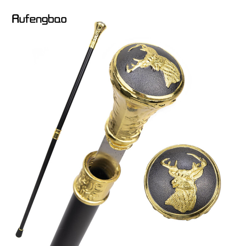 Gold Luxury Sika Deer Head Relief Walking Stick with Hidden Plate Self Defense Fashion Cane Plate Cosplay Crosier Stick 93cm