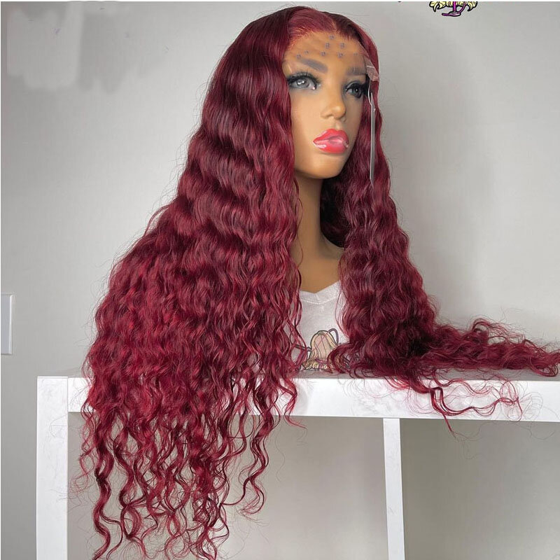 Бордовый Мягкий длинный кудрявый парик 26 дюймов с плотностью 180, с кружевом спереди 99j, для черных женщин, Детские волосы, без клея, предварительно выщипанные, термостойкие, повседневные