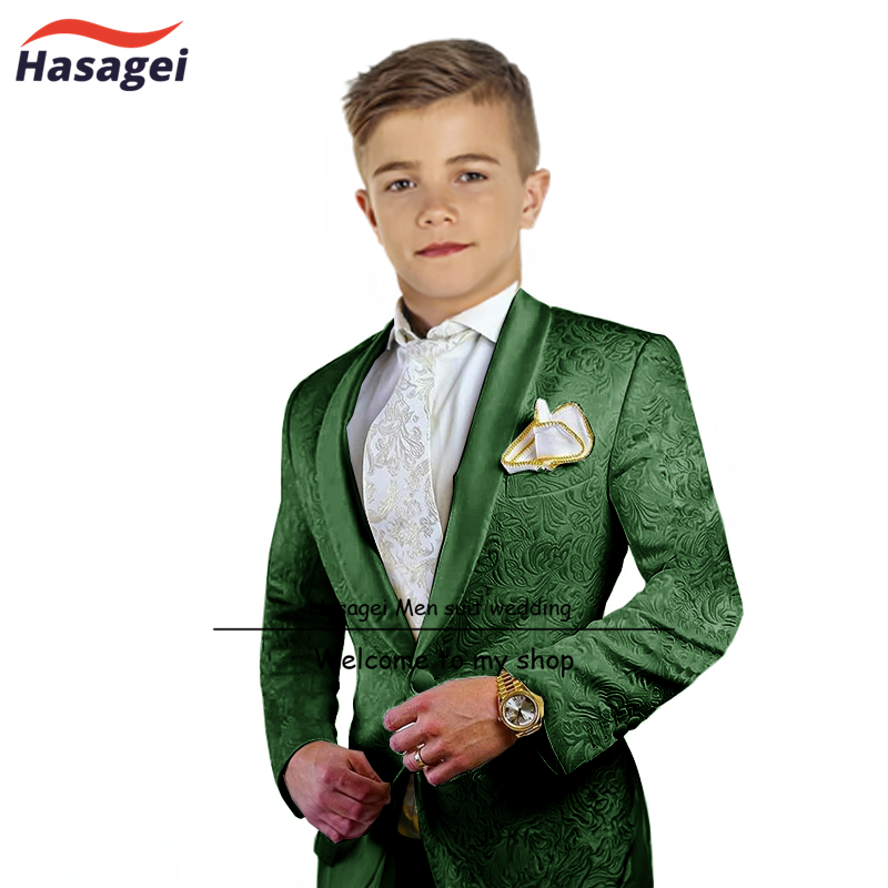 男の子の緑のフルーツカラーパターンスーツ、子供の結婚式のtuxedo、ステージ服、パターンジャケット、パンツ、2個