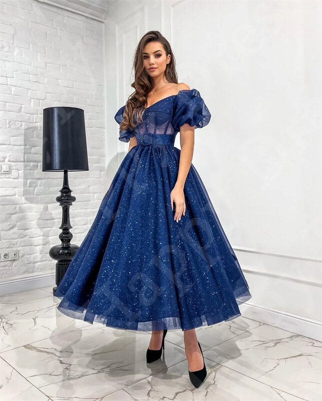 Happy Custom Made Formal Dress Sweethear Neck Short Puff Sleeves Shiny Sequins Zipper Back Corset A-Line Ankle-Length Pary Dress