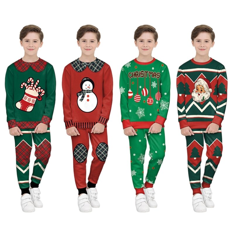 Children's Christmas Clothing Outfit Long Sleeve Crew Neck Sweater Pullover Pants Set Deer Snowflake for Kids Halloween Gift