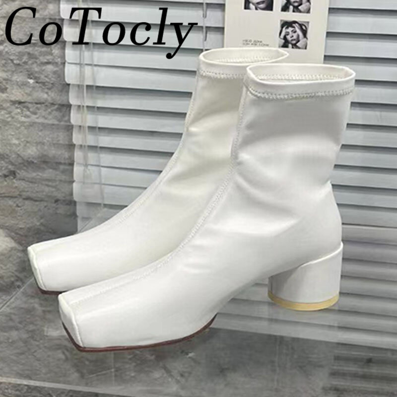 Winter Ankle Boots Women Square Toe Stretch Slip On Roman Shoes Ladies Chunky High Heel Autumn Chelsea Fashion Punk Boots Women