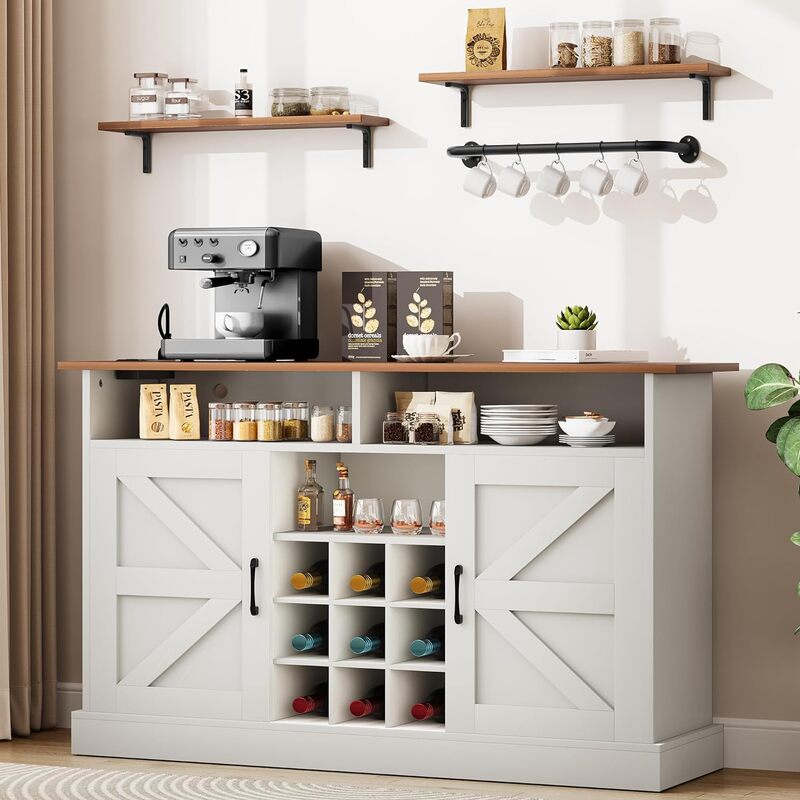 Farmhouse Buffet Cabinet with Storage, 52'' Sideboard with 2 Floating Shelves, Power Outlet, Adjustable Storage Shelves