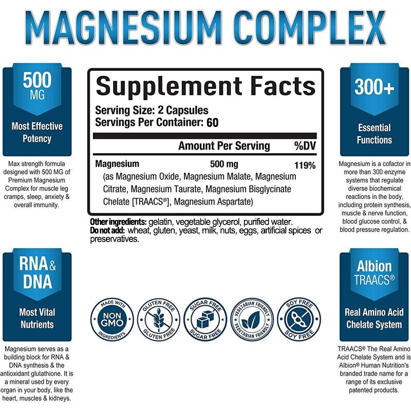 Kapsul Magnesium kompleks, suplemen kesehatan tulang, otot & jantung, dukungan tidur, relaksasi otot, menghilangkan stres & kecemasan