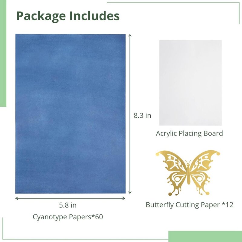 Kit de papel de cianotipo de 60 piezas, piezas A5 de alta sensibilidad, papel de impresión de dibujo natural, papel artístico activado por el sol