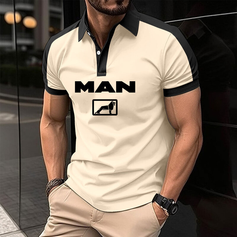 Рубашка-поло мужская с отложным воротником, модная повседневная футболка в стиле пэчворк, деловой цвет, брендовая с короткими рукавами и принтом для грузовиков
