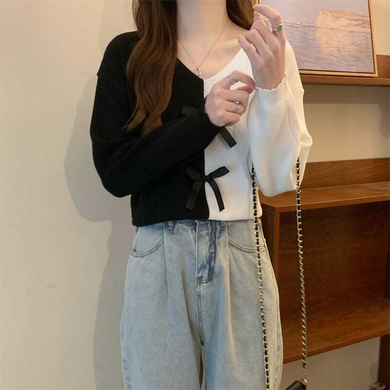 Kawaii Bogen getäfelte Pullover Pullover Frauen V-Ausschnitt süß gestrickt Temperament Harajuku Designer sanfte Mode Kleidung свитер женский