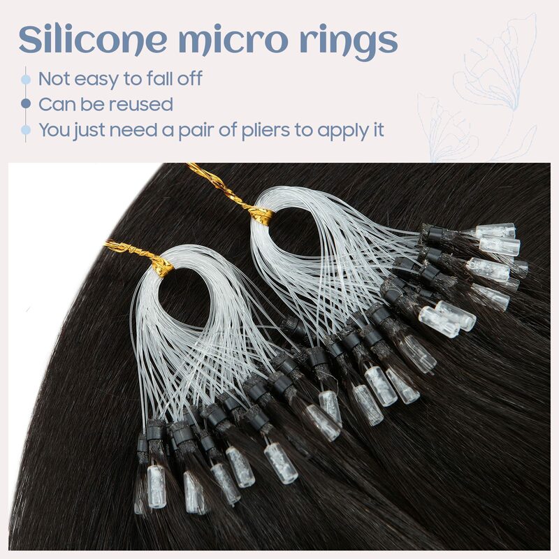 Micro anillo de extensiones de cabello negro Natural, Micro eslabones, extensiones de cabello humano, Micro cuentas de bucle, extensión de cabello liso