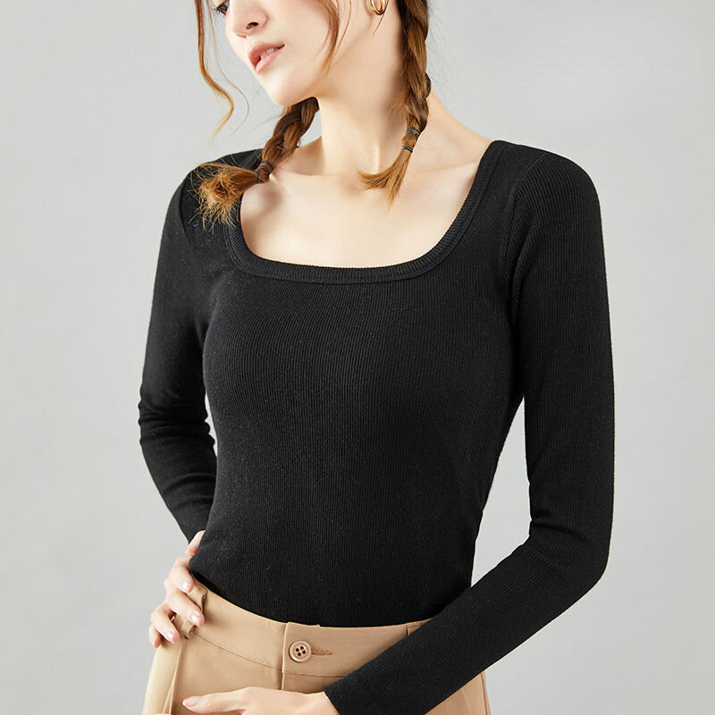 Grande redondo u-neck quadrado-pescoço quente fino roupa interior feminina outono e inverno cor sólida camisa de fundo com rosca de algodão