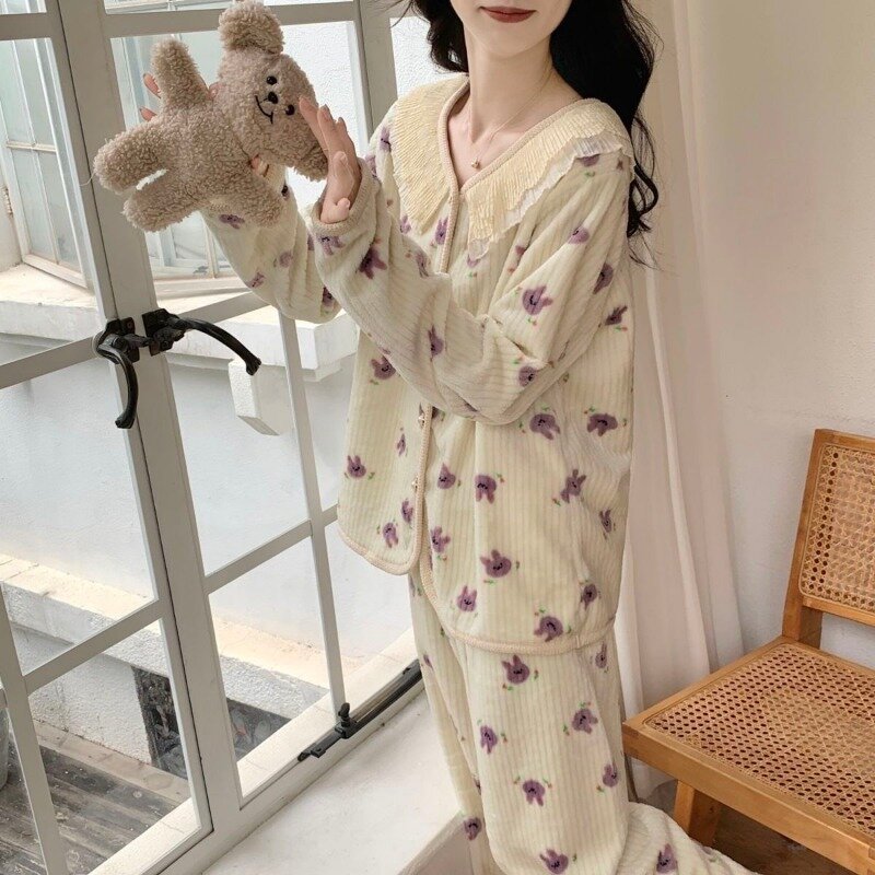 Women Flannel Pajamas Autumn Winter Female Fine Velvet Long Sleeve Cardigan Sleepwear Sets Leisure Warm Printed Homewear Suit
