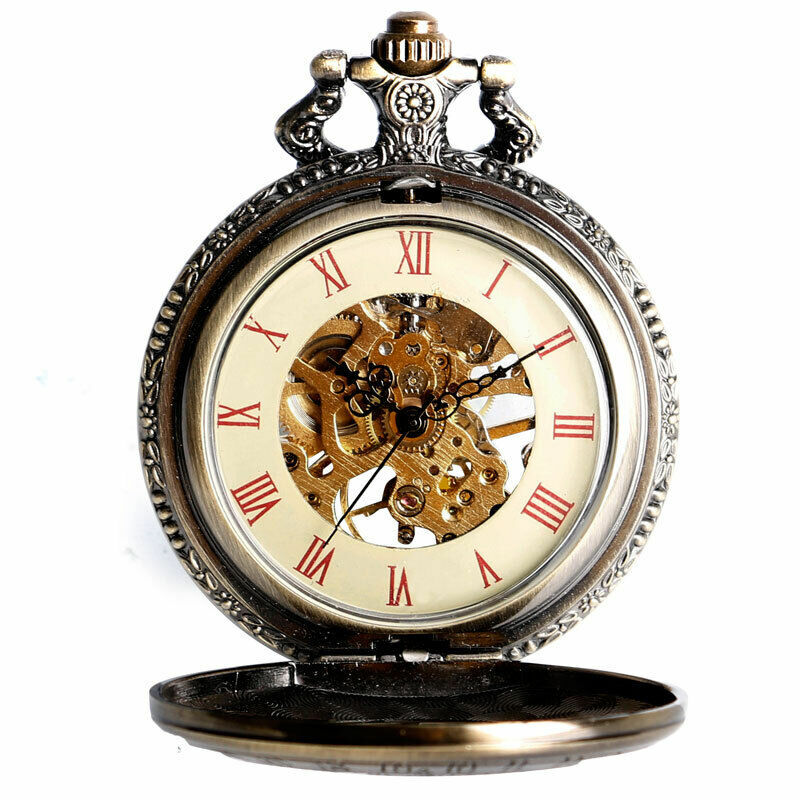 Карманные часы в стиле стимпанк, цвет бронзы, искусственная Мужская Механическая цепь, циферблат с римскими цифрами, хороший подарок