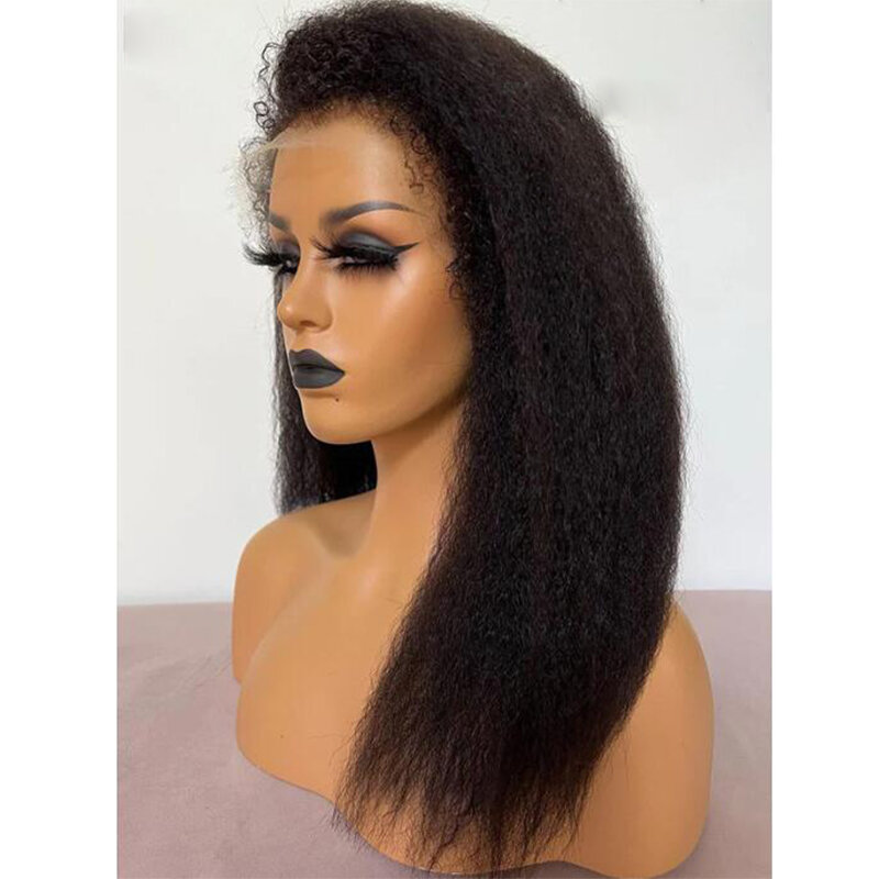 Kinky 16“ Bob Yaki Glueless Soft 180Density Straight Lace Front Wig For Women BabyHair Black Preplucked Heat Resistant Daily