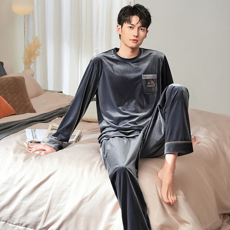 Pijama grosso de veludo quente masculino, manga longa, pulôver com gola O, conjunto lounge para dormir masculino, outono, inverno