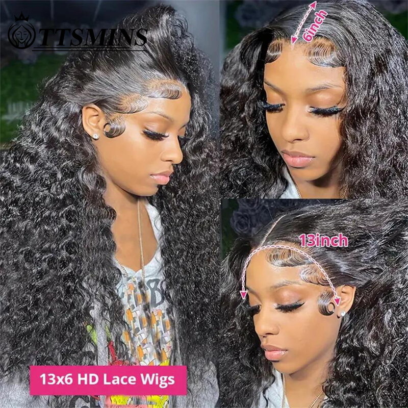 30 32 34 Inch Deep Wave 13x6 HD Transparent Lace Frontal Wig Human Hair Natural Black Color Curly Wigs Preplucked Bleached Knots