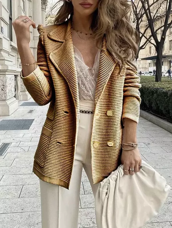 Women Double Breasted Button Solid Color Autumn Winter Blazer Jacket Fashion Casual Long Sleeve Coat Cardigan