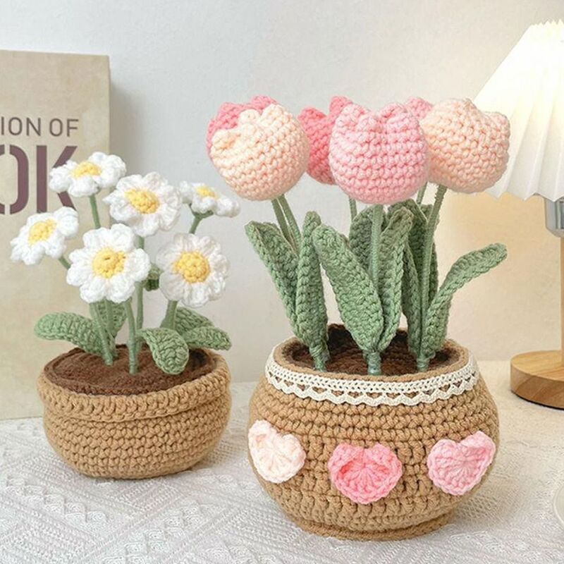 Kit rajutan Crochet Kit rajutan benang warna-warni Kit rajutan pot bunga Tulip Kit Crochet bunga matahari