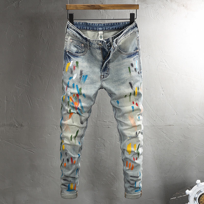 Pantalones vaqueros Retro lavados para Hombre, elásticos, ajustados, rasgados, pintados, Hip Hop, Vintage