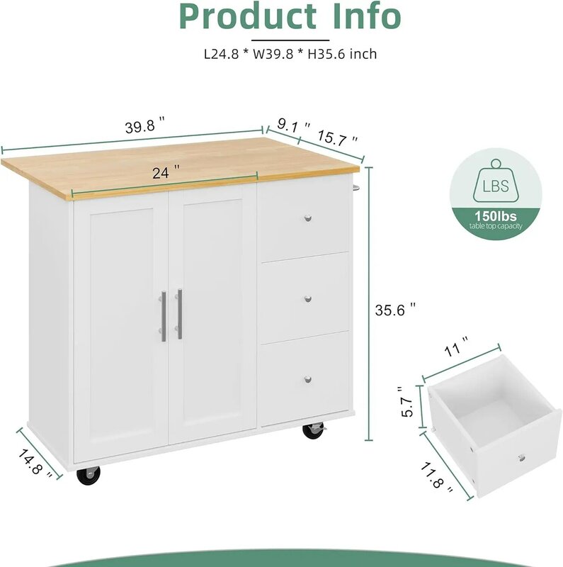 Shintenchi Rolling Kitchen Island Cart with Folding Drop Leaf Breakfast Bar, Portable Trolley Island with Large Storage Cabinet,