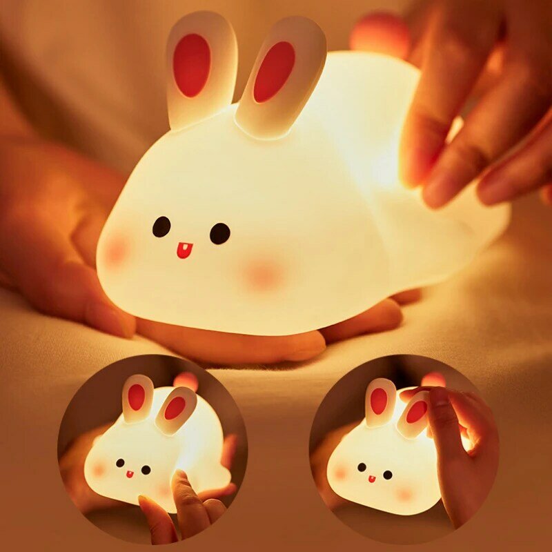 귀여운 LED 야간 조명 터치 센서 만화 어린이 야간 조명, 큰 얼굴 토끼 실리콘 야간 조명, 크리스마스 선물 침대 옆 램프 홈