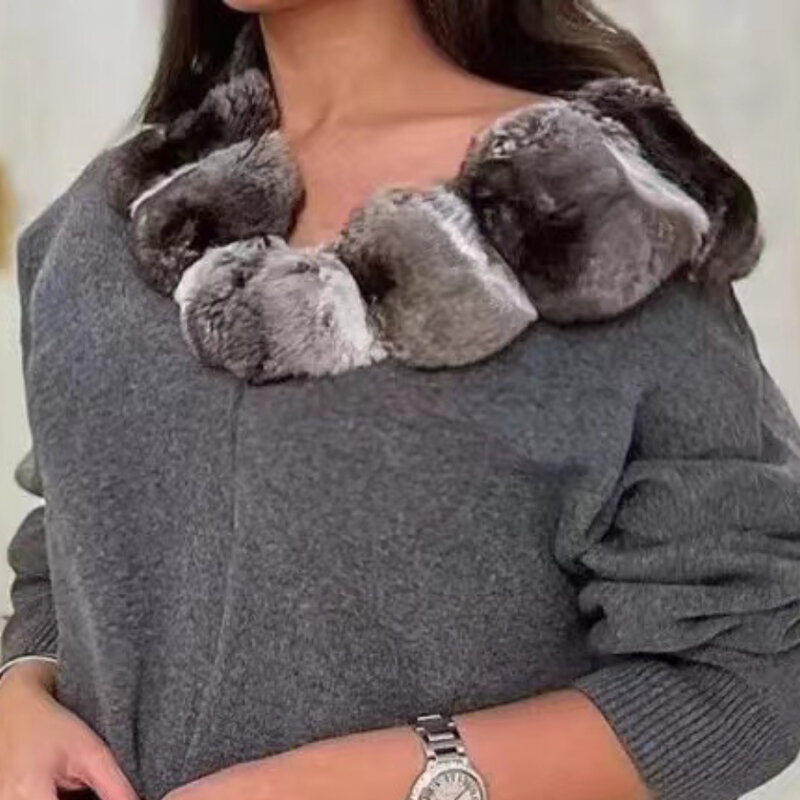 Женский оригинальный кашемировый свитер, женский с воротником из натурального меха кролика Рекс, новинка 2022, модная зимняя одежда