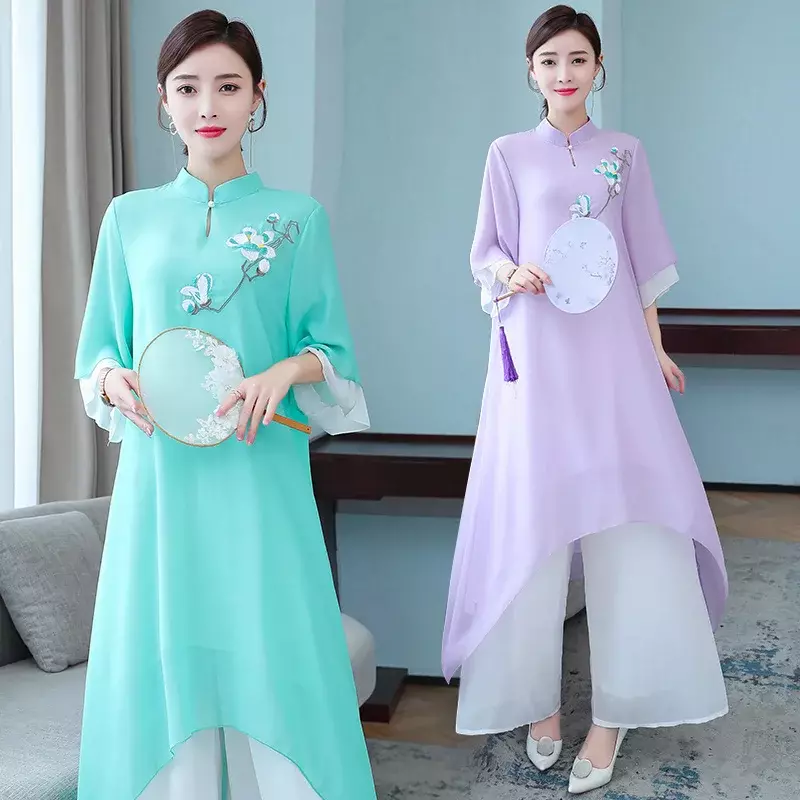 Setelan kasual longgar wanita, celana kaki lebar atasan panjang bordir sifon Vintage pakaian nasional gaya China dua potong