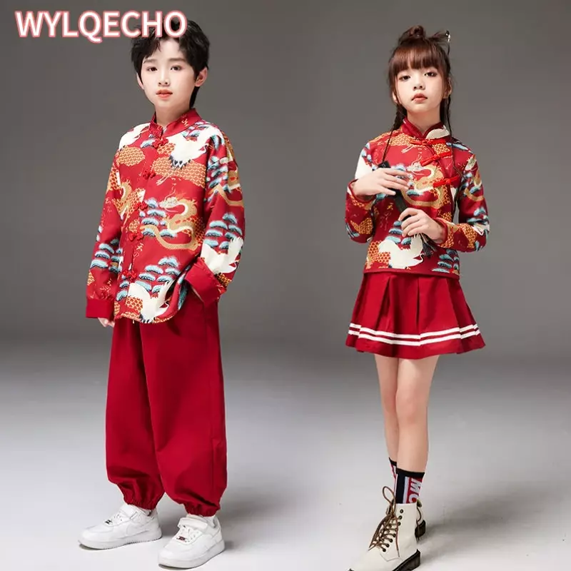 Ensemble de vêtements College de style chinois rouge pour filles, costume de prairie Tang, vêtements de scène, jupe Hanfu, tenue de nouvel an chinois