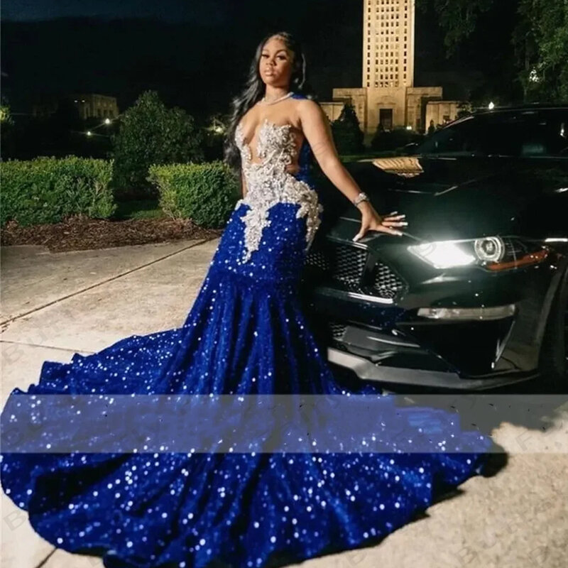Królewski niebieski damskie suknie wieczorowe brokat seksowny syrenka księżniczka bez rękawów suknie na bal maturalny arabski imprezowa, koktajlowa plażowy