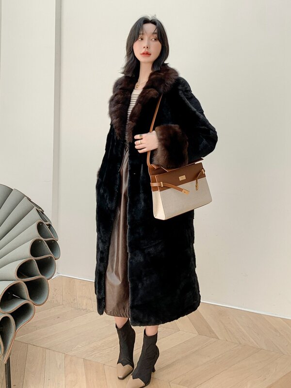 110ซม.Wholeskin หญิง Mink Fur Coat ฤดูใบไม้ร่วงผู้หญิงฤดูหนาว Warm Outerwear LF2308JY
