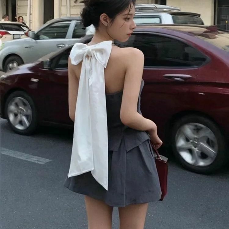 Two-Piece Suit Bow Patchwork Backless Sexy 2024 Spring New Streetwear Contrast Color  Camisole Women + Pleated A-Line Skirt