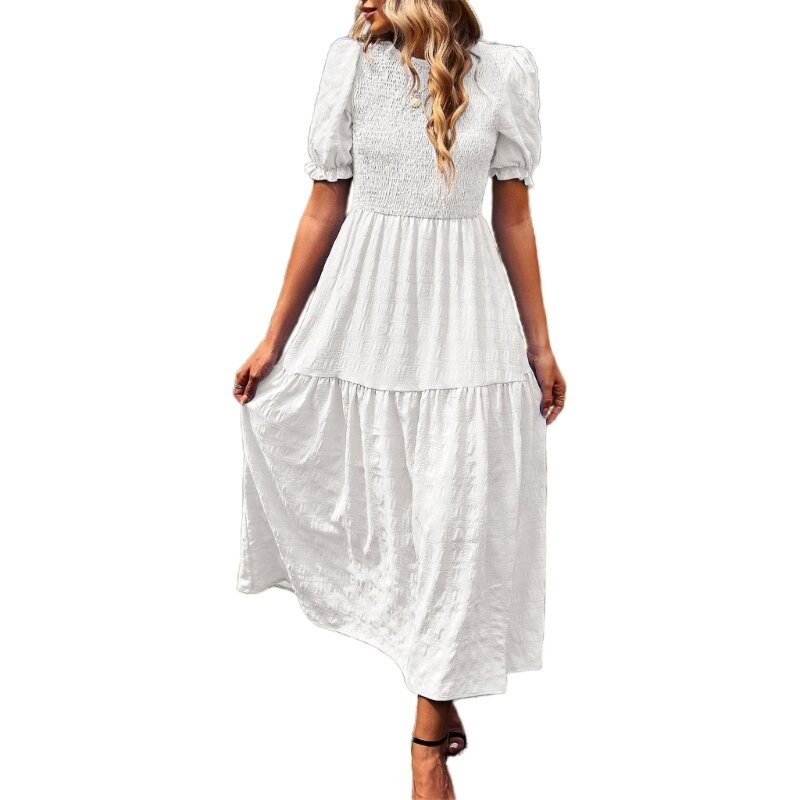 Damen Vintage Rüschen Puff Kurzarm Plissee strukturierte Swing Midi Kleid gekleidet hohe Taille gestufte A-Linie lange Kleider n7yd