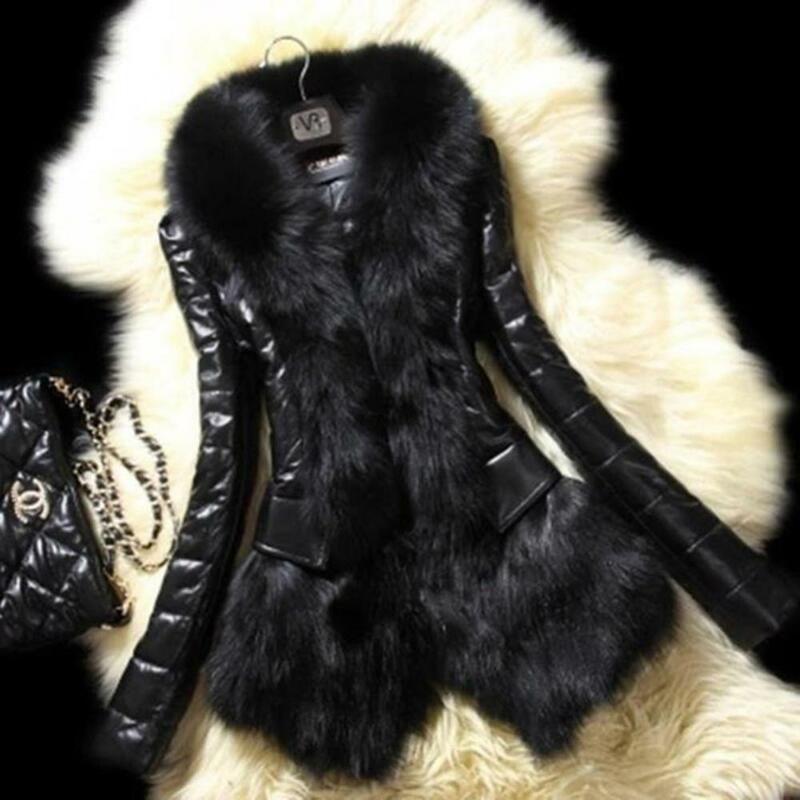 PU Leather Faux Fur Women Coat Faux Fur Collar Oversized Casual Fluffy Jacket Black Winter Coat Luxury Faux Rabbit Fur Jackets