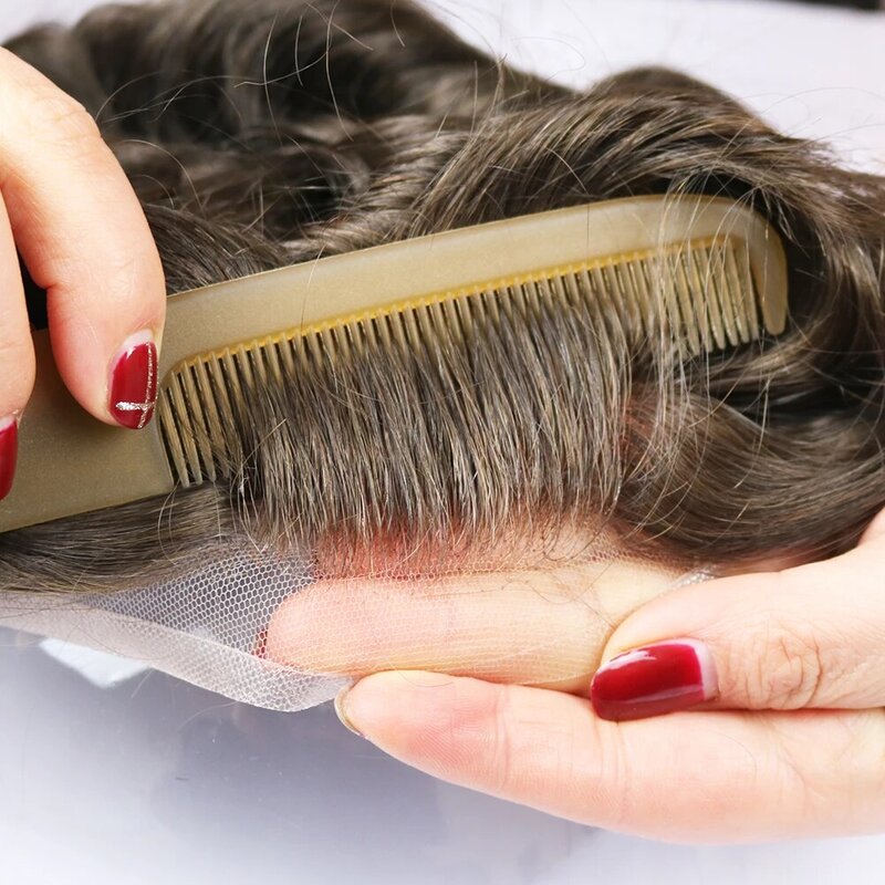 Renda depan Swiss renda & PU rambut manusia las pria rambut palsu sejuk prostesis kapiler 100% rambut manusia rambut alami Wig pria