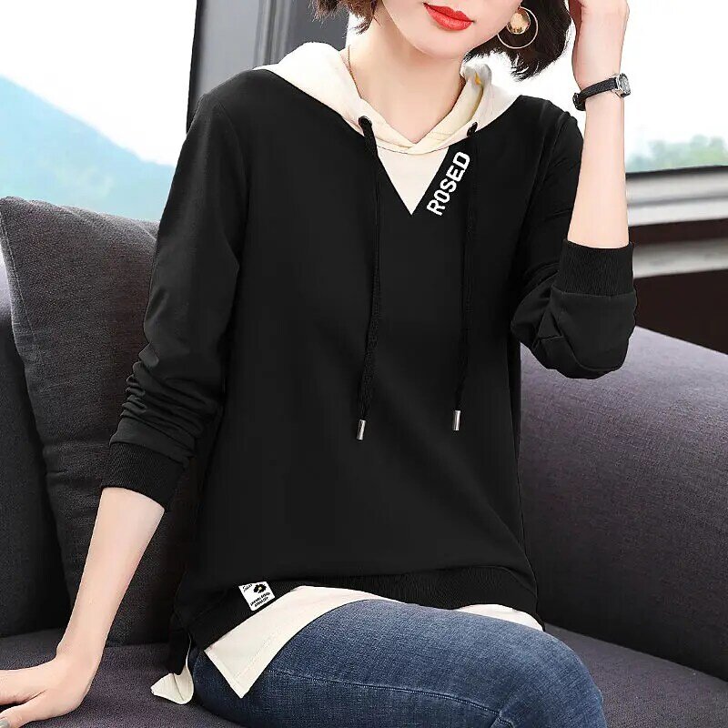 Female Fashion Casual Solid Color Spliced Hooded T-shirt Autumn New Commute Simplicity Fake Two Pieces Tops Women's Clothing