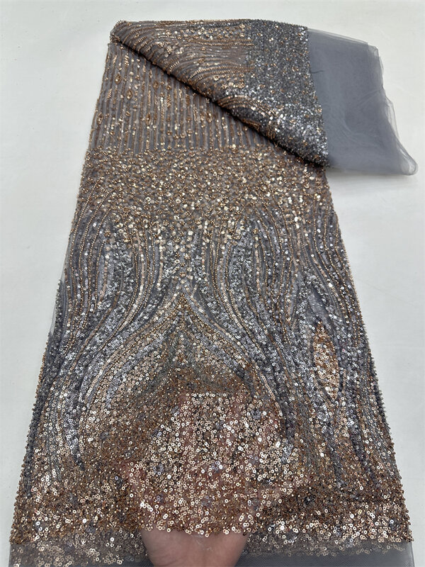 Afrykańska koronkowa tkanina z cekinami 2024, wysokiej jakości haft z koralikami, nigeryjska francuska koronka tiulowa na materiał ślubny Rf