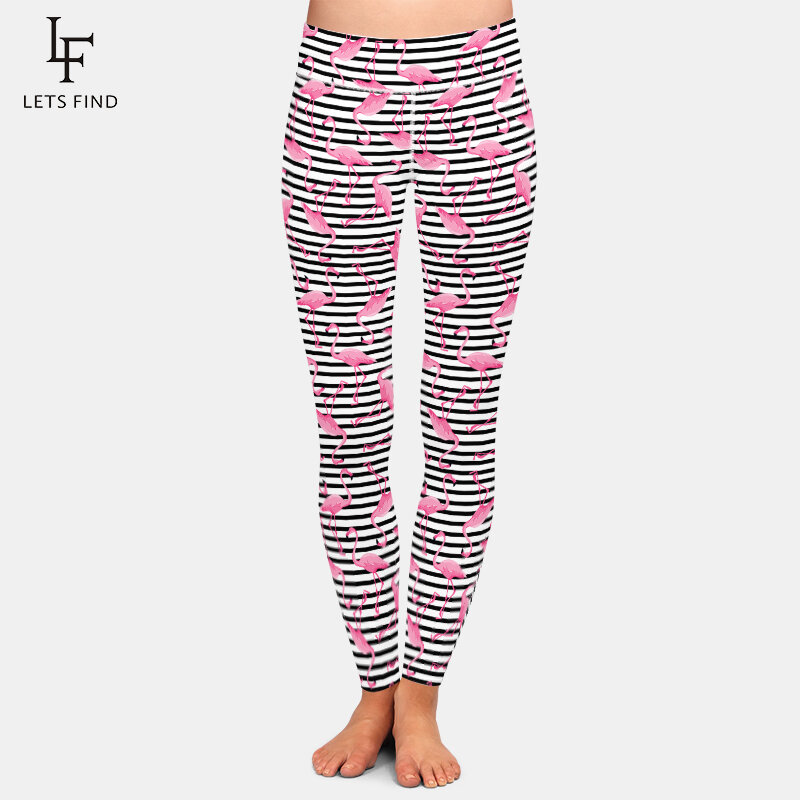 LETSFIND คุณภาพสูง3D Flamingos และใบผ้าไหมพิมพ์ดิจิตอลฟิตเนส Leggins ผู้หญิงสูงเอวยืดกางเกงขายาว