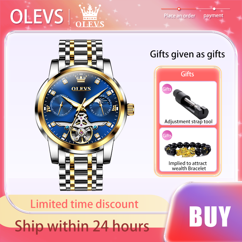 Olevs-男性用自動機械式時計,ステンレス鋼ストラップ,高級防水時計,オリジナル,中空アウト