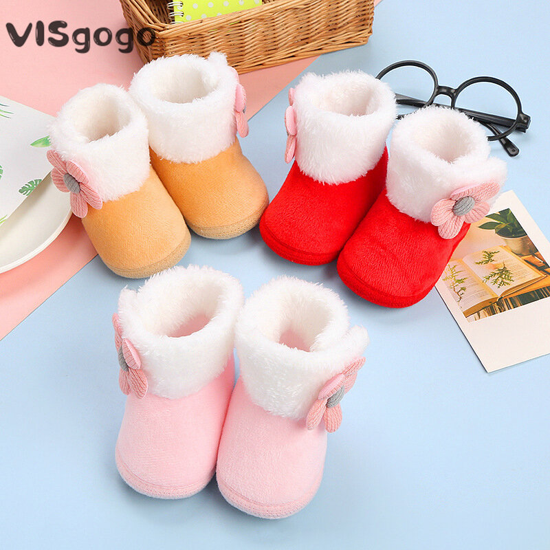 VISgogo Infant Baby Shoes Winter Snow Boots 3D Flower Decorated Boots Baby First Walker Winter Plush Warm Shoes