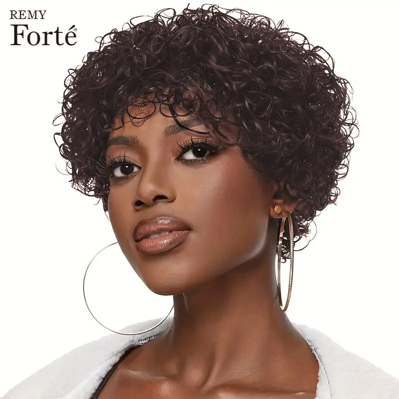 Remy Forte-Brown Pixie Corte Bob Peruca de Cabelo Humano, Afro Kinky Curly Perucas, Máquina Completa Feita, 180% Densidade, Barato