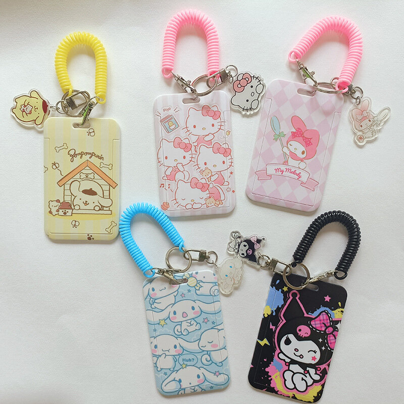 Sanrio Cartoons Protective Case Hello Kitty Kulomi Melody PVC Card Holder+spring Rope Lanyard ID Anti-lost Pendant Keychain