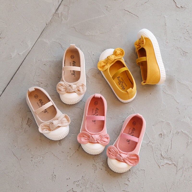 Zapatos de lona de boca poco profunda para niñas, zapatos de princesa con pajarita para bebés, zapatos casuales para niños de jardín de infantes, Primavera, nuevo