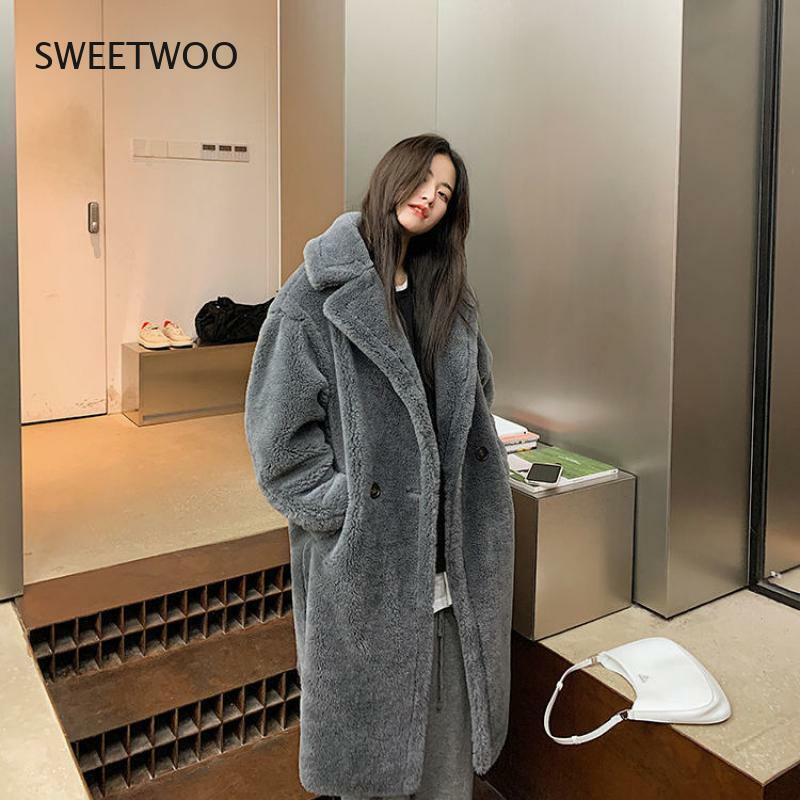 Inverno feminino pele do falso quente longo casaco de manga comprida feminino grosso ursinho casaco casual solto oversize outwears outerwear 2022