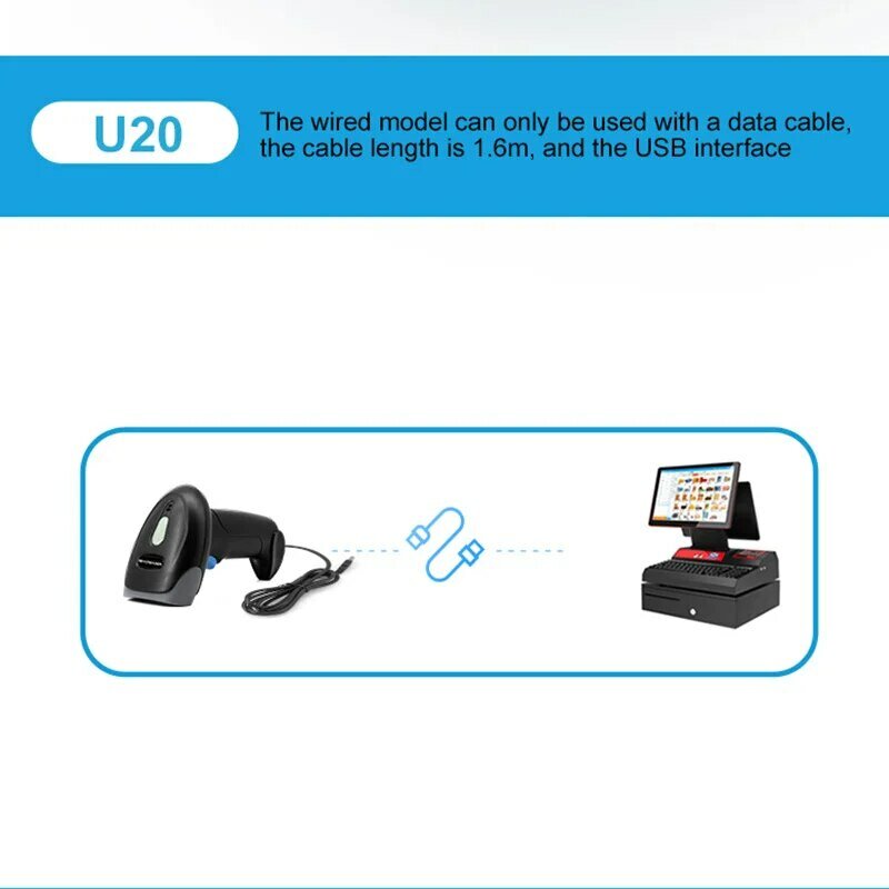 U20 USB Wired Handheld Supermercado Barcode Reader, U20, 1D, 2D, Armazém, Código de barras, QR Code Scanner, CMOS Imagem, de alta velocidade de decodificação
