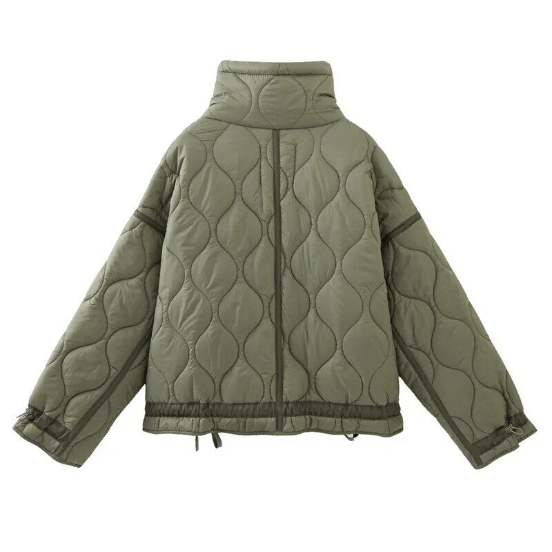 Caqui acolchoado reta jaqueta de algodão, casaco curto, gola, zíper, bolso, streetwear, outwears femininos, blogger