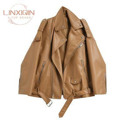 LINXIQIN-Jaqueta de couro falso para mulheres, cinto vintage, casaco monocromático, manga comprida, casacos com zíper, alta qualidade, moda feminina, 2024