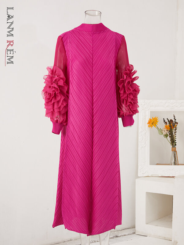 Lanmrem Maxi Plissee Kleid Rundhals ausschnitt gespleißt Pilz Vollarm Kleider für Frauen 2024 neue Frühlings kleidung 2 qa1331